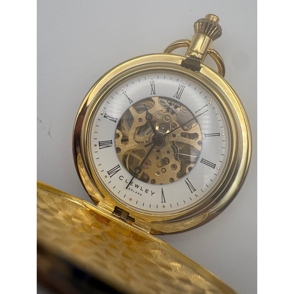 Clewley England Mechanical Skeleton Pocket Watch Gold-Tone Hunter Case